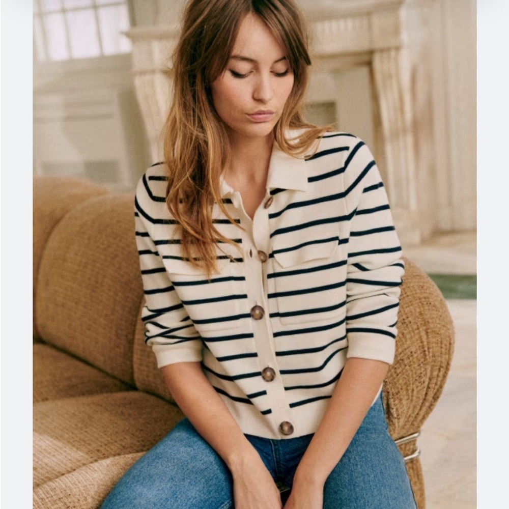 MOLLY BRACKEN Stripe Button Down Cardigan w/Double Collar -Sz M-Oversized 🖤​​